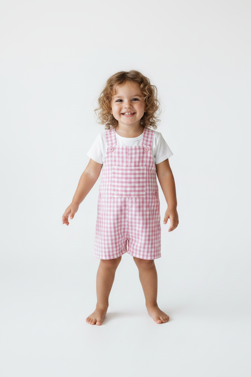 A smiling toddler standing barefoot against a clean white studio background, wearing pink and white gingham overall over a white short-sleeve t-shirt.