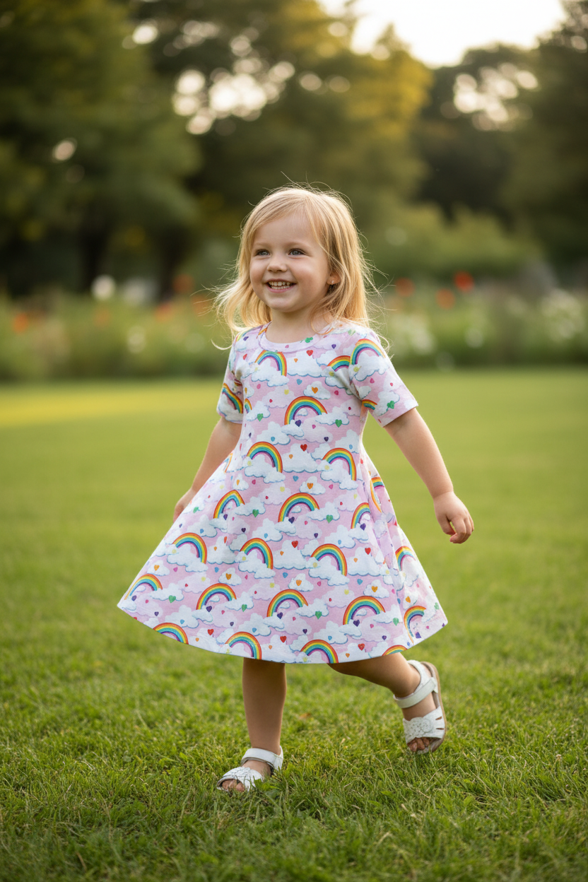 pink dress with rainbows and clouds. Snazzy Sproglets