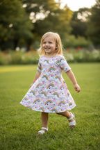 pink dress with rainbows and clouds. Snazzy Sproglets
