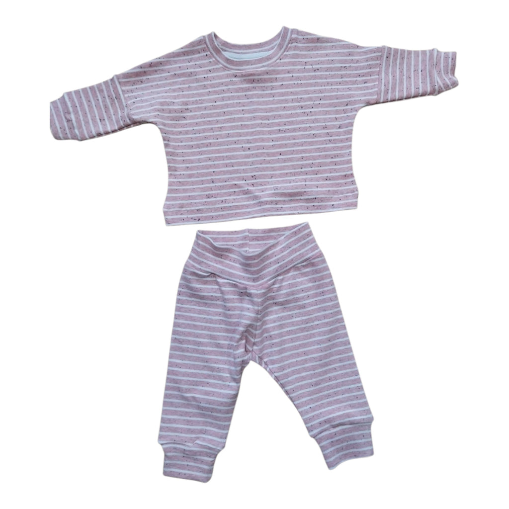 A two-piece baby clothing set consisting of a long-sleeve top and matching pants, both featuring fine horizontal stripes in dusty pink and white with tiny dark speckles.