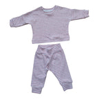 A two-piece baby clothing set consisting of a long-sleeve top and matching pants, both featuring fine horizontal stripes in dusty pink and white with tiny dark speckles.