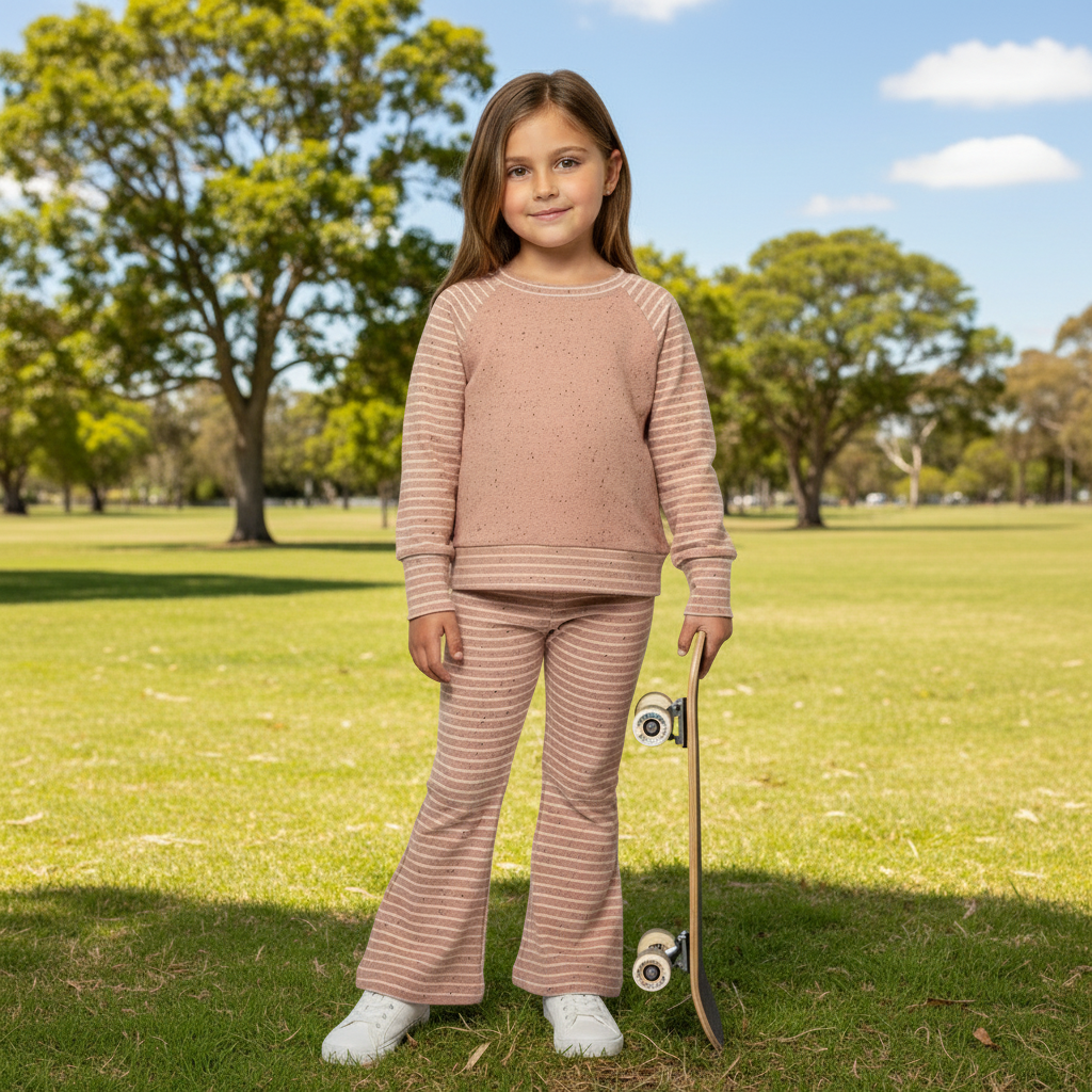 Young girl in a pink outfit holding a skateboard in a park