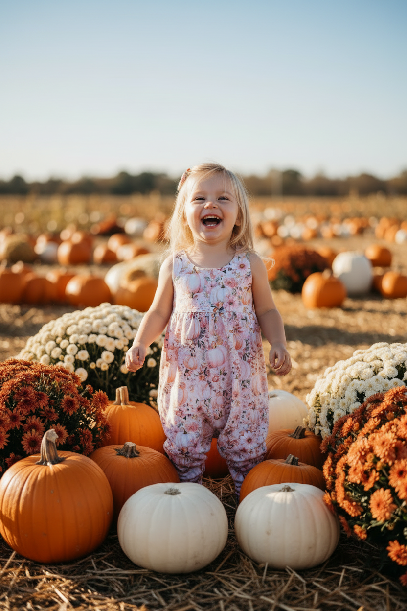 A young toddler girl stands in a pumpkin patch wearing a light pink floral romper. She is surrounded by orange and white pumpkins, mums, and dry grass under a clear blue sky. snazzy sproglets