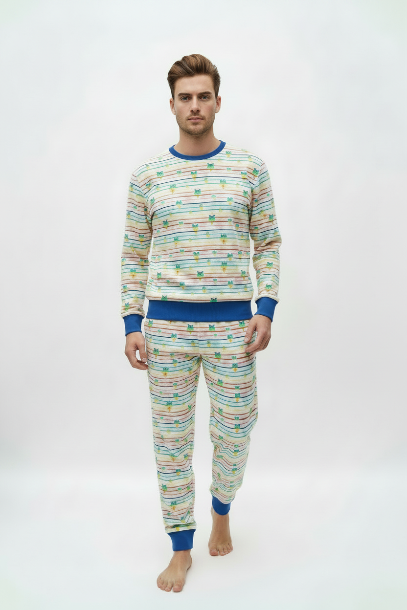 Rainbow stars loungewear model with blue cuffs