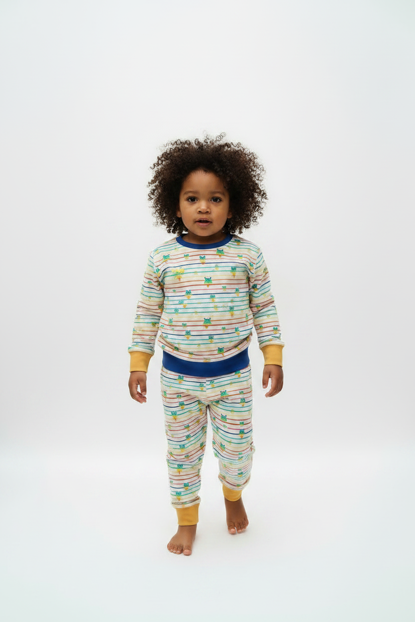 A child modeling a matching two-piece pajama set with a colorful striped pattern and yellow cuffs, on a white studio background.