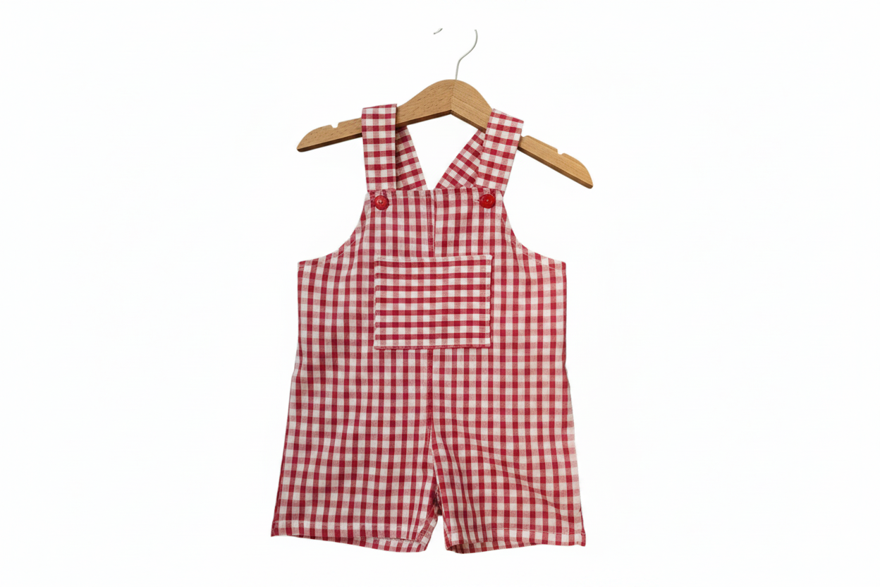 Red and white gingham check baby romper with shoulder straps and a front pocket, hanging on a wooden hanger against a plain white background. Snazzy Sproglets
