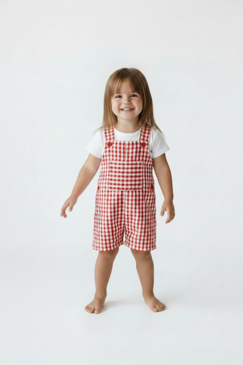 A young child standing barefoot against a plain white studio background, wearing red-and-white gingham bib shorts over a white T-shirt. Snazzy Sproglets