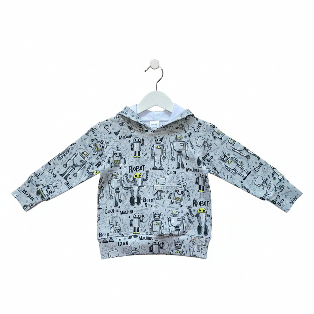 A children's long-sleeve hoodie with an all-over robot print, laid flat against a solid white background. The hoodie features a light gray base with black and yellow robot illustrations and text.