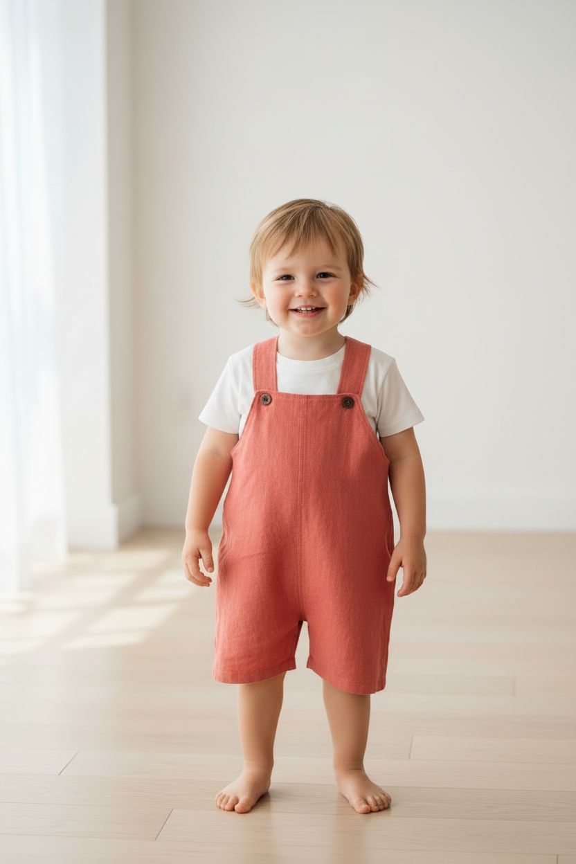 A smiling toddler stands barefoot on a light wood floor in a bright, minimalist room, wearing terracotta pink linen overall shorts over a white t-shirt with a sheep graphic. Snazzy Sproglets