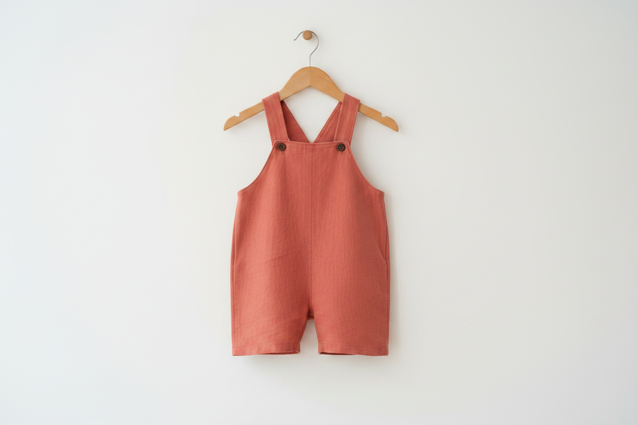 A terracotta-colored linen baby romper with an embroidered mouse on the chest, hanging from a wooden hanger against a plain white wall. Snazzy Sproglets