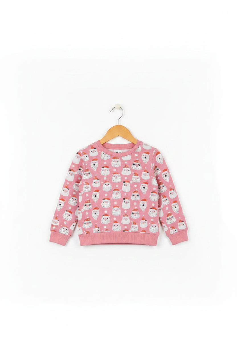A pink long-sleeve crewneck sweatshirt with an all-over snowman pattern, hanging on a wooden hanger against a plain white background. Snazzy Sproglets