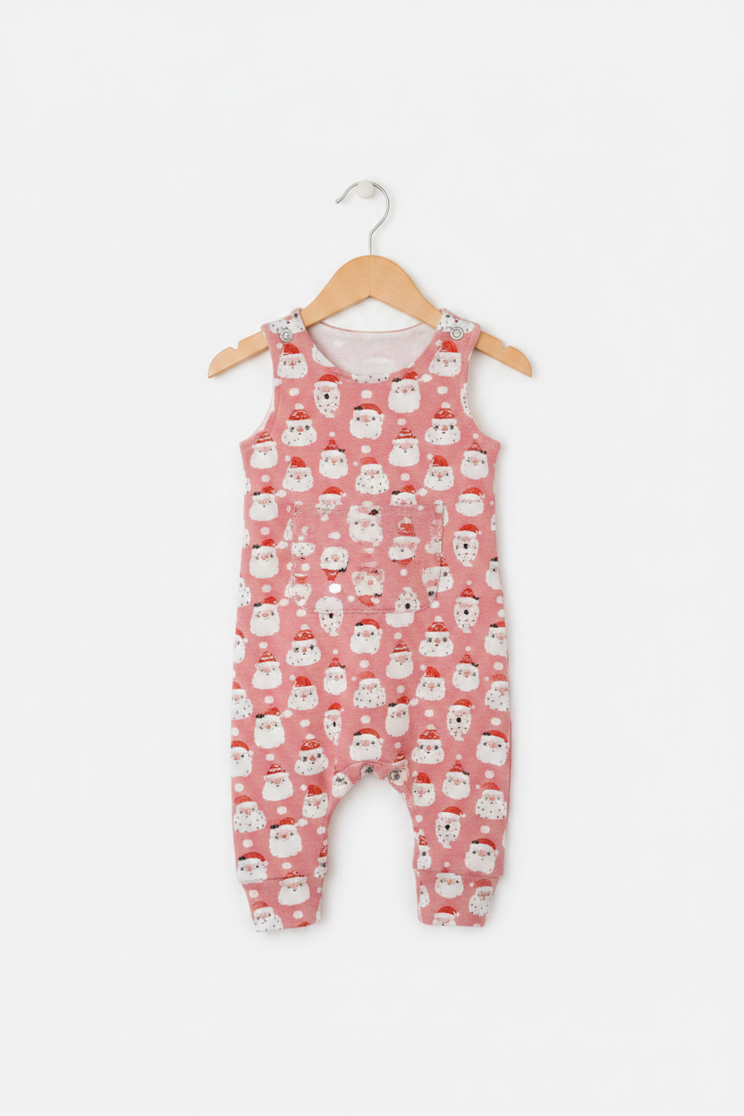 A pink sleeveless baby romper with an all-over white santa faces, hanging on a wooden hanger against a light gray background. Snazzy Sproglets