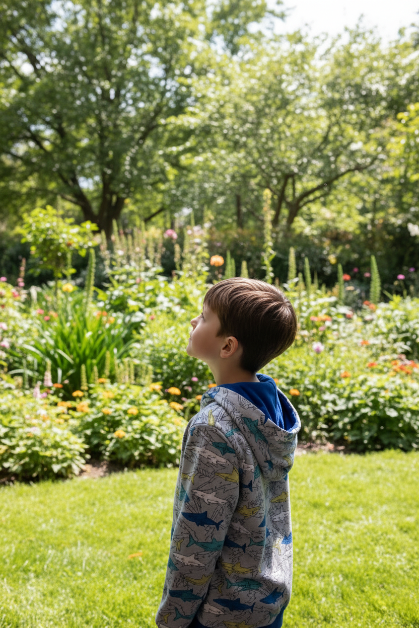 A young boy wearing a gray and blue patterned hoodie stands in profile in a lush green garden with flowers and trees in the background.
