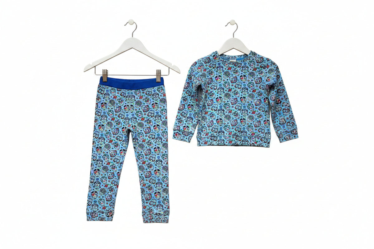 Kids festival skull print loungewear set on hanger – handmade pyjamas | Snazzy Sproglets