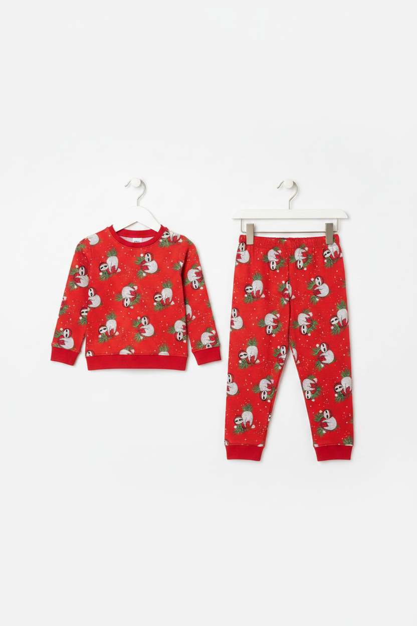 A children's two-piece pajama set consisting of a long-sleeve top and matching pants, both in red with a repeating penguin print, displayed on white hangers against a light gray background. Snazzy Sproglets