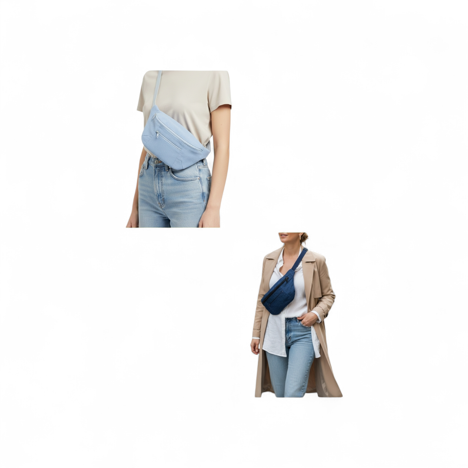 Two women wearing blue waist bags with a plain white background