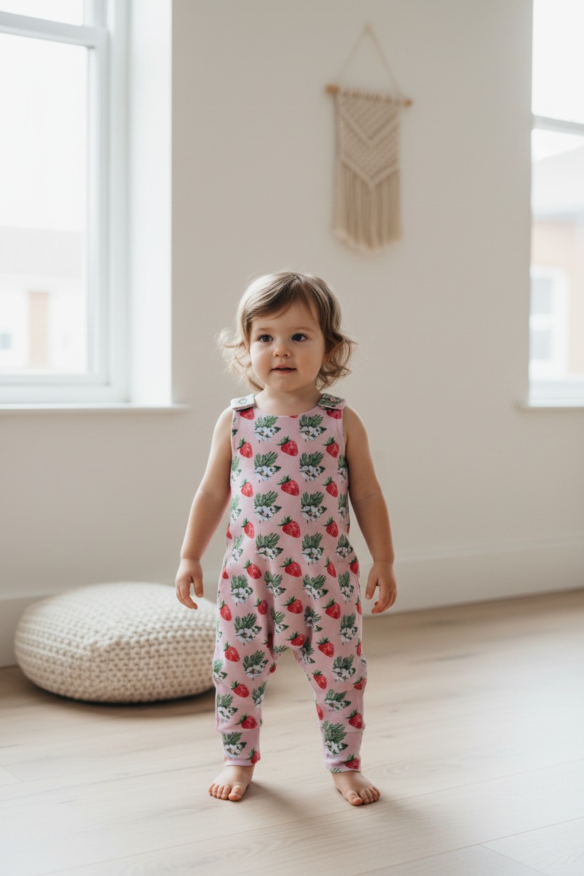 sleeveless one-piece jumpsuit with a strawberry and green leaf print on a pale pink background. snazzy sproglets