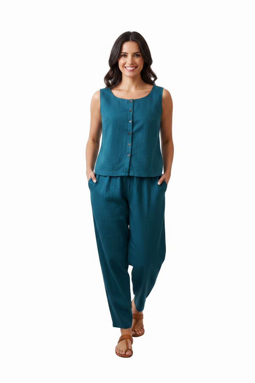 A woman modeling a matching teal sleeveless button-front top and relaxed wide-leg pants set, paired with brown sandals, against a plain white background. Snazzy Sproglets