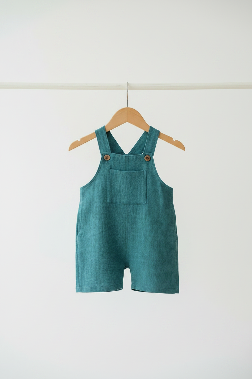 A teal blue-green shortall romper for a baby or toddler, hanging on a wooden hanger against a plain white wall.