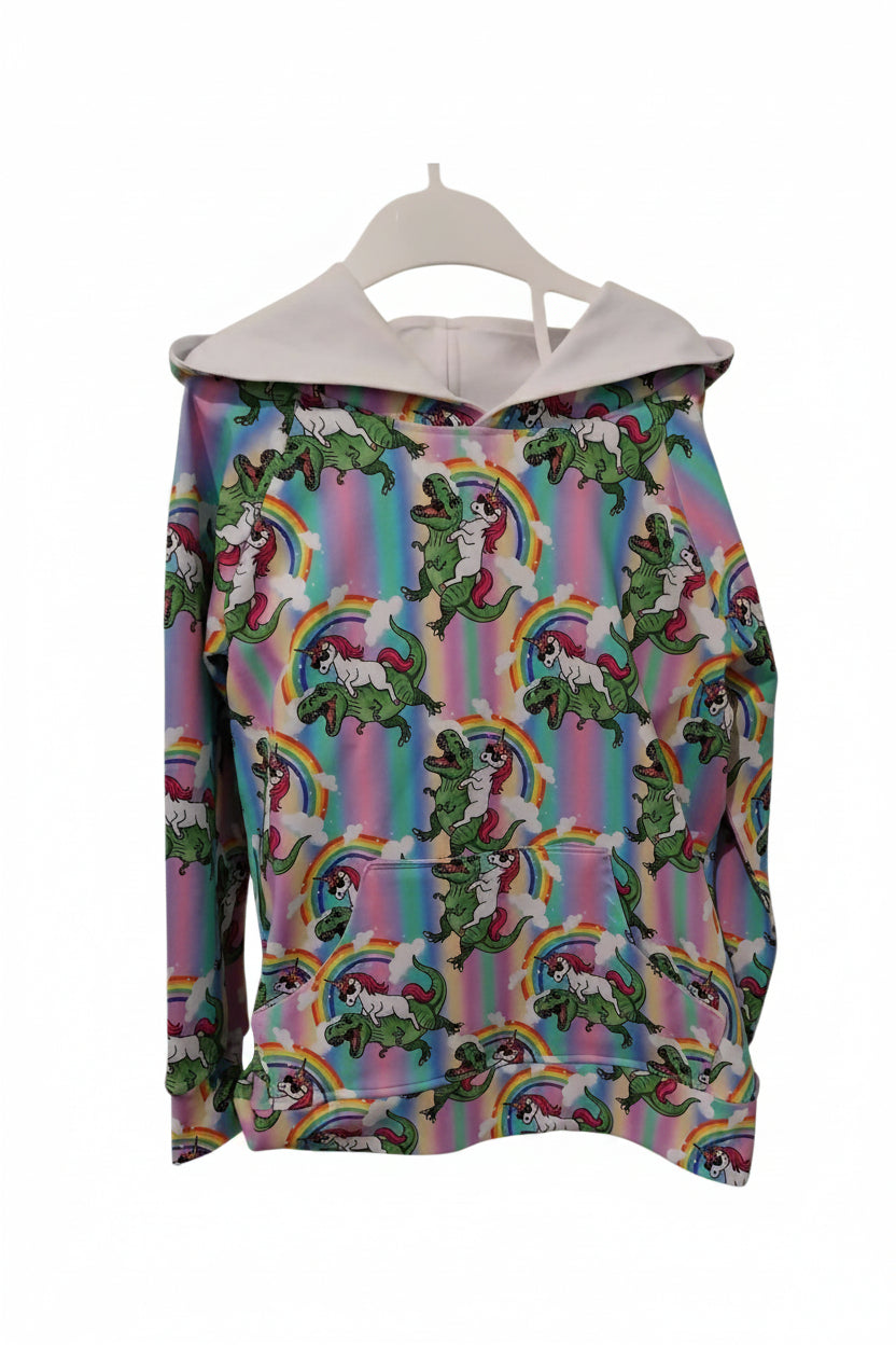 A long-sleeve hoodie with a colorful repeating pattern of green dinosaurs and rainbows, featuring a contrasting light gray hood lining, shown on a white hanger against a white background.