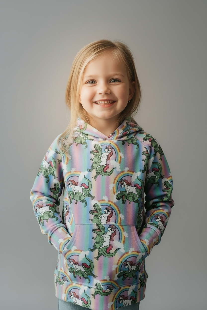 A young girl with blonde hair smiling, wearing a pastel rainbow hoodie with a green dinosaur and unicorn pattern, set against a dark gray studio background.