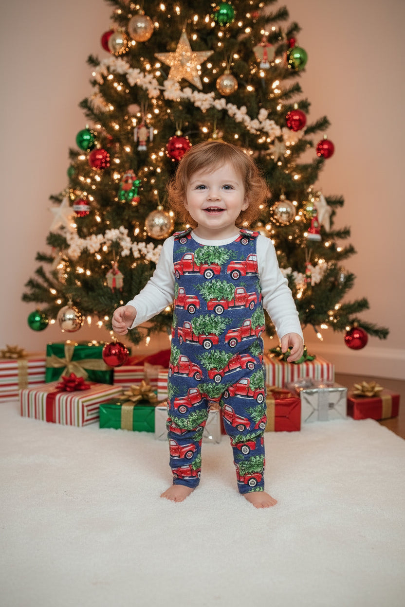 Kids Christmas truck print romper – handmade festive baby gift | Snazzy Sproglets